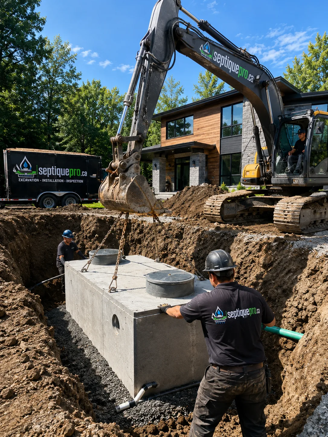 Mise en place d'une fosse septique en béton dans une excavation à l'aide d'une pelle mécanique